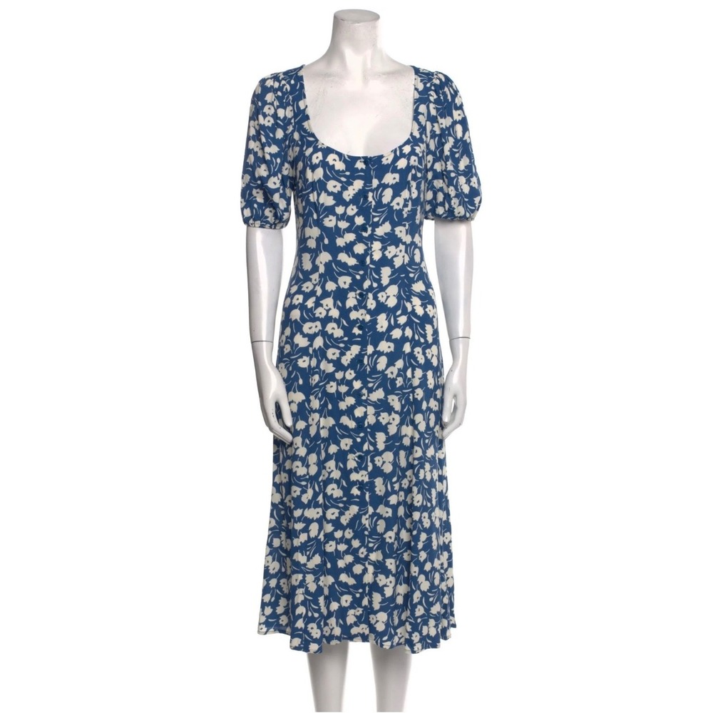 Reformation Beechwood Floral Print Blue‎ Cream Square Neck Puff Sleeve  Size 8